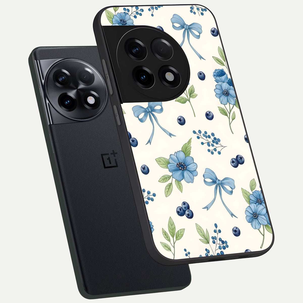 Blue Flower And Bow phone case For OnePlus 11R showing premium glass back cover with detailed artwork