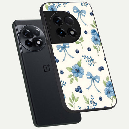  Blue Flower And Bow phone case For OnePlus 11R showing premium glass back cover with detailed artwork