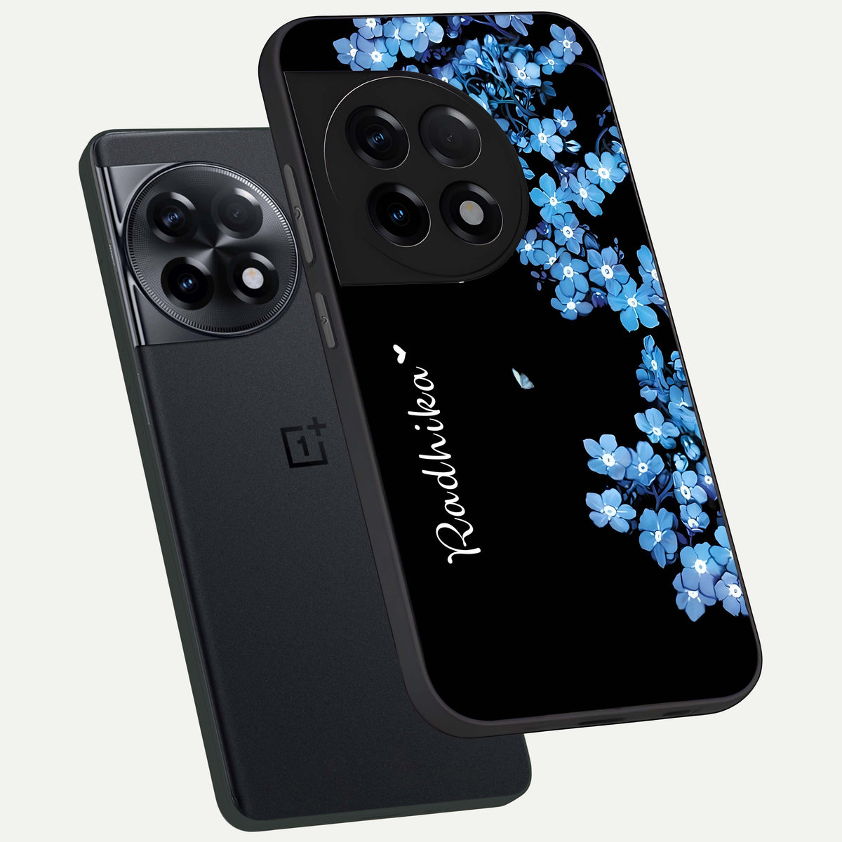  Blue Petal Dream Custom Name phone case For OnePlus 11R showing premium glass back cover with detailed artwork