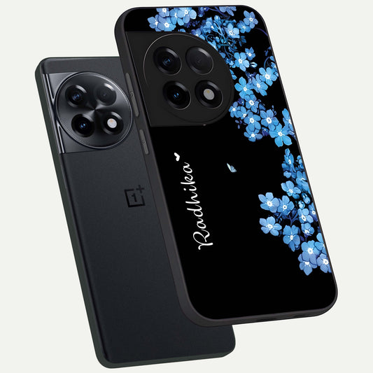  Blue Petal Dream Custom Name phone case For OnePlus 11R showing premium glass back cover with detailed artwork