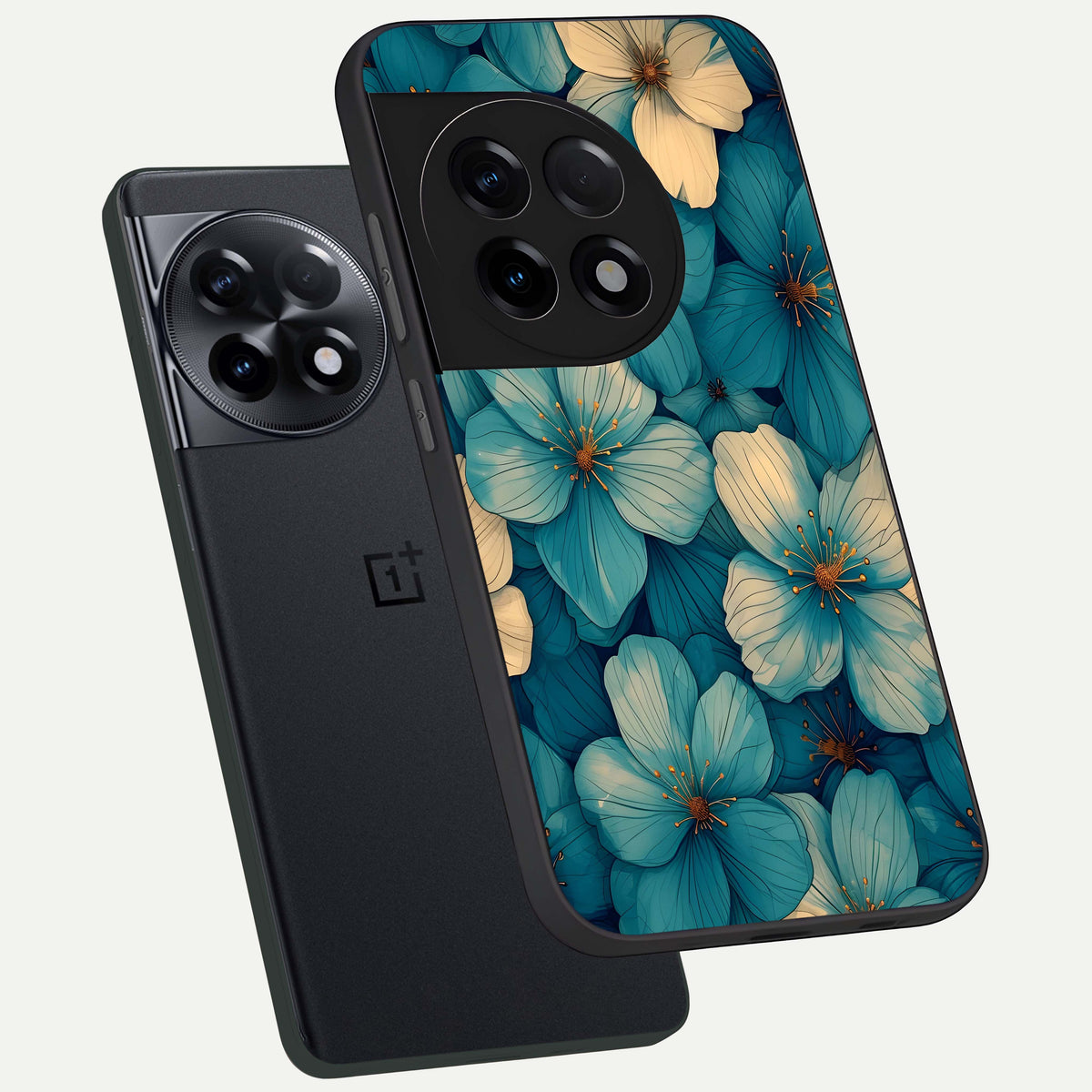  Blue Shade Floral phone case For OnePlus 11R showing premium glass back cover with detailed artwork