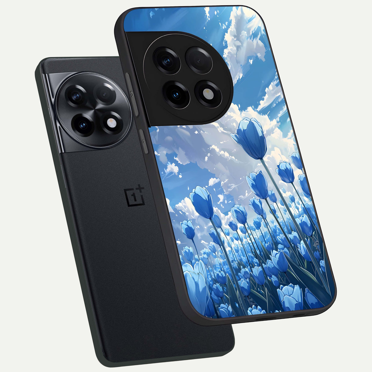  Blue Tulip Clouds phone case For OnePlus 11R showing premium glass back cover with detailed artwork