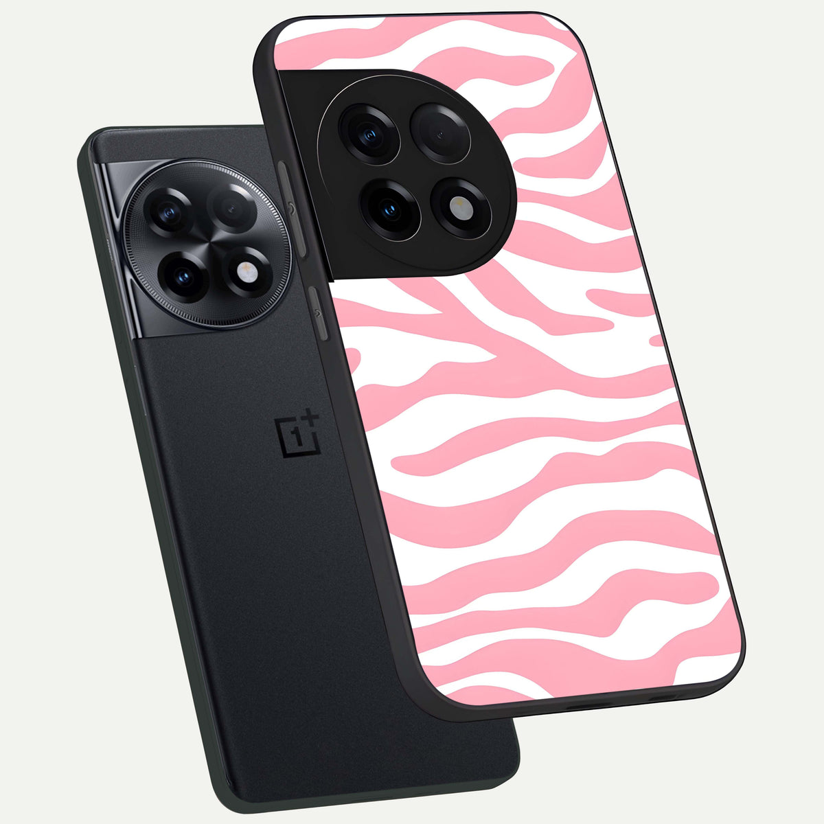  Blush Zebra Flow phone case For OnePlus 11R showing premium glass back cover with detailed artwork