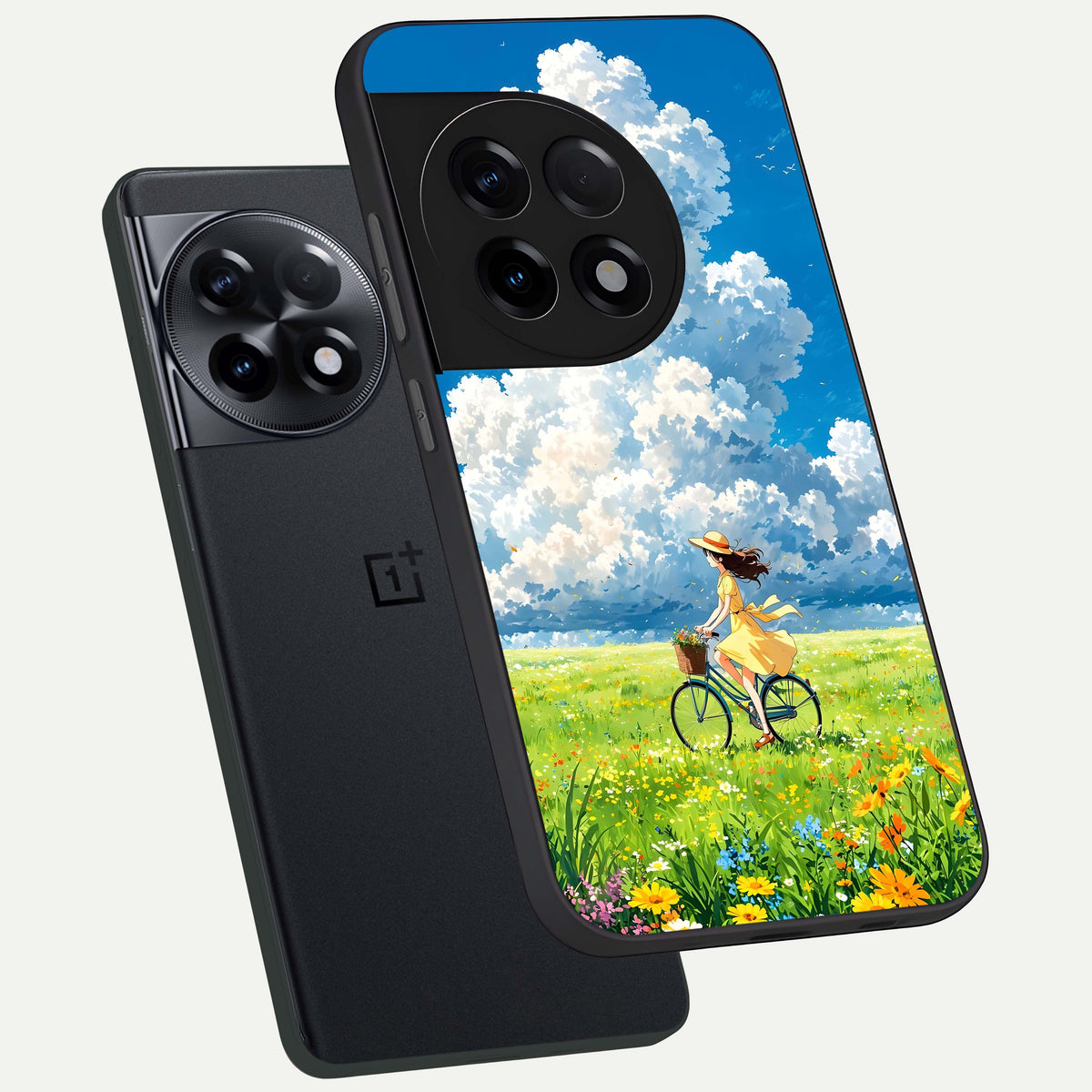  Breezy Meadow Ride phone case For OnePlus 11R showing premium glass back cover with detailed artwork
