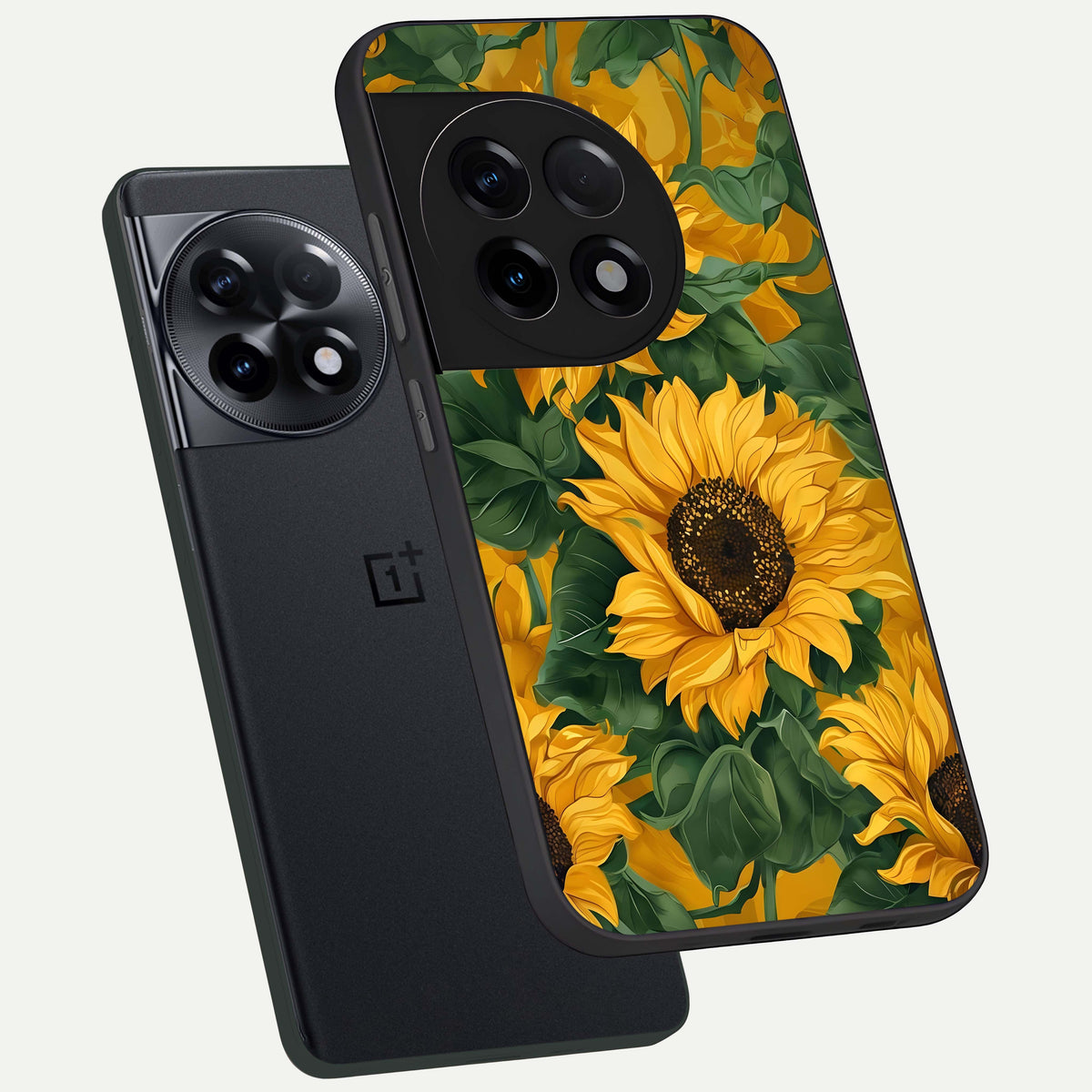  Bright Sunflower Bloom phone case For OnePlus 11R showing premium glass back cover with detailed artwork