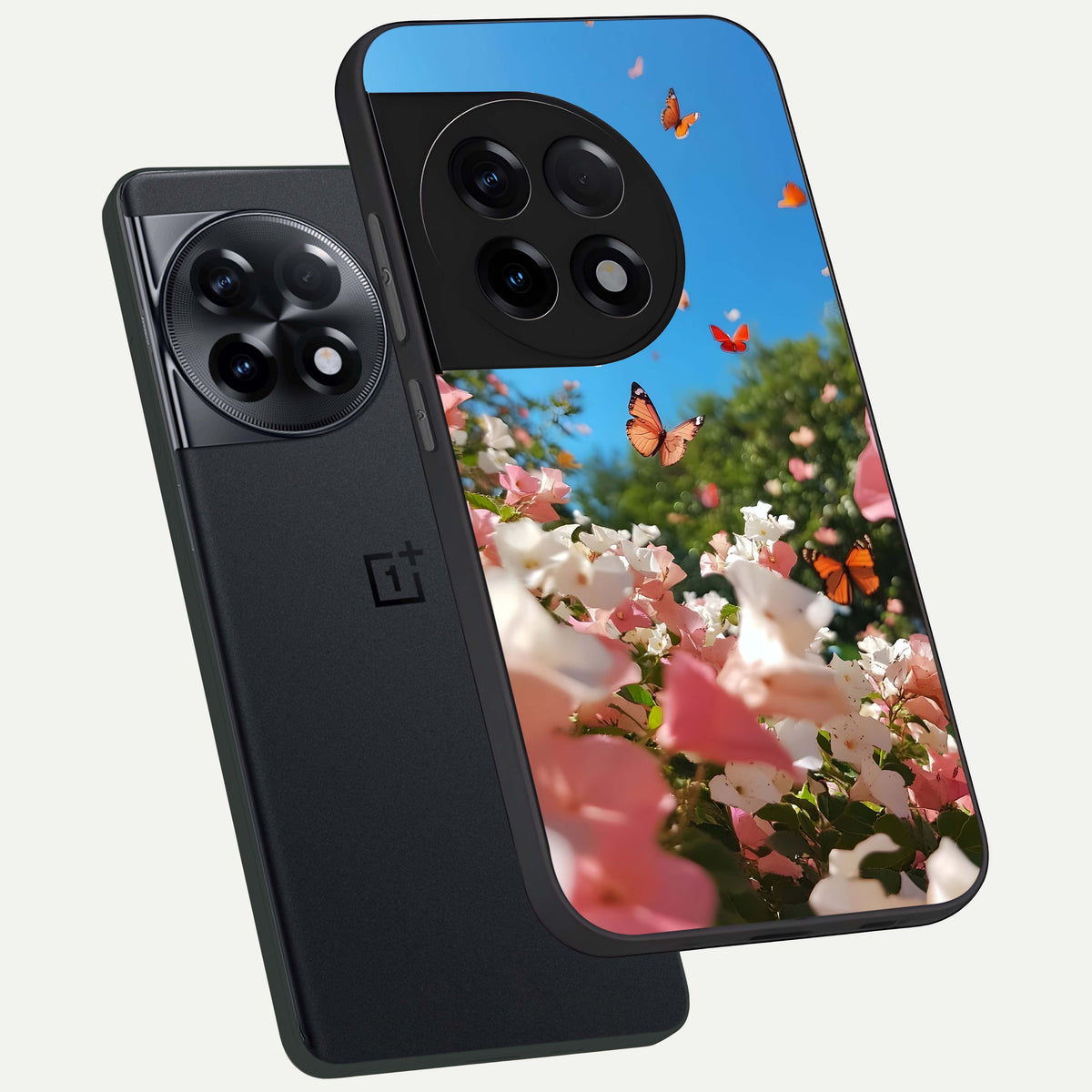  Butterflies In Bloom Sky phone case For OnePlus 11R showing premium glass back cover with detailed artwork