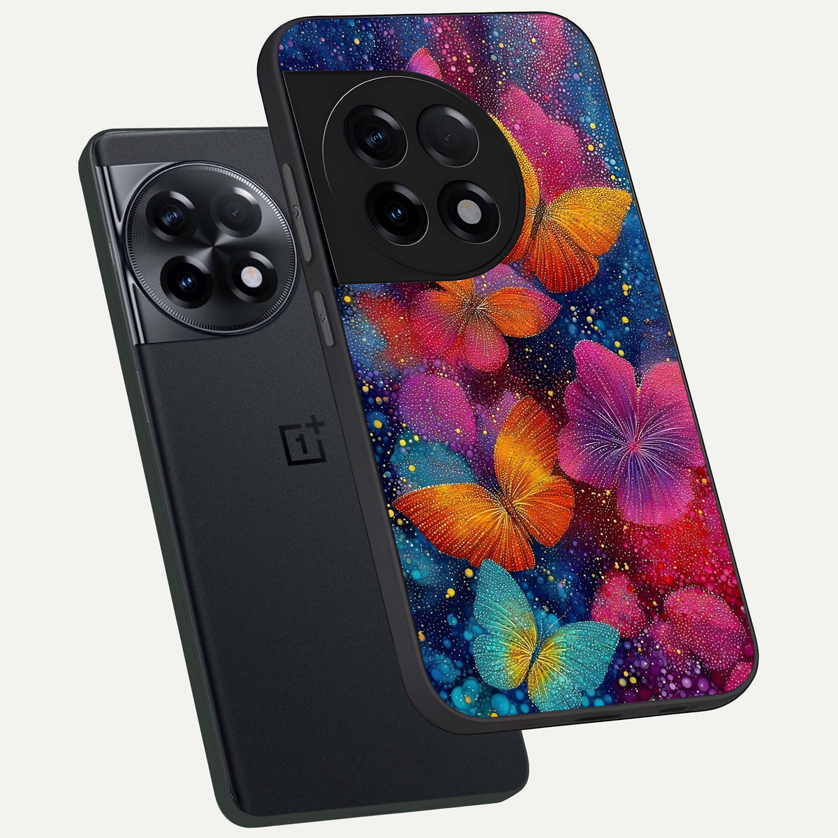 Butterfly Dream Mist phone case For OnePlus 11R showing premium glass back cover with detailed artwork