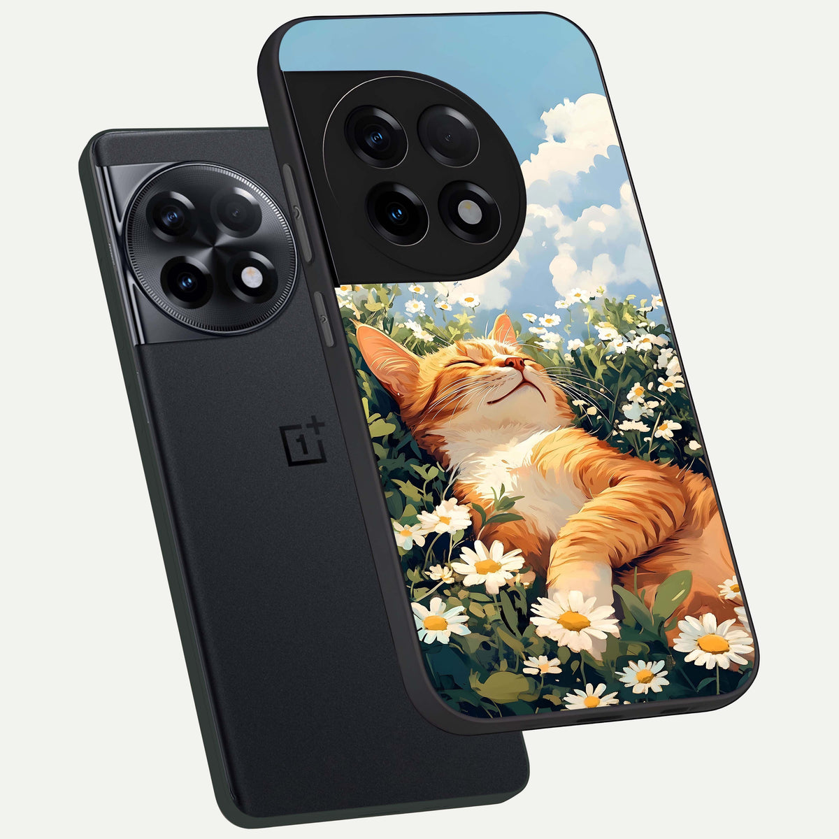  Cat And Flowers View phone case For OnePlus 11R showing premium glass back cover with detailed artwork