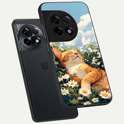  Cat And Flowers View phone case For OnePlus 11R showing premium glass back cover with detailed artwork