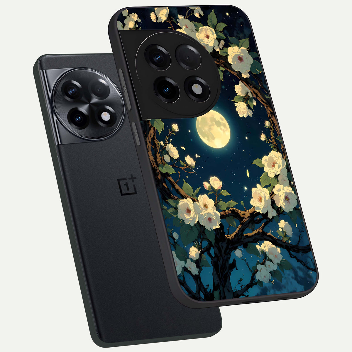  Celestial Moon And Flower phone case For OnePlus 11R showing premium glass back cover with detailed artwork