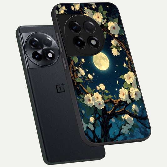  Celestial Moon And Flower phone case For OnePlus 11R showing premium glass back cover with detailed artwork