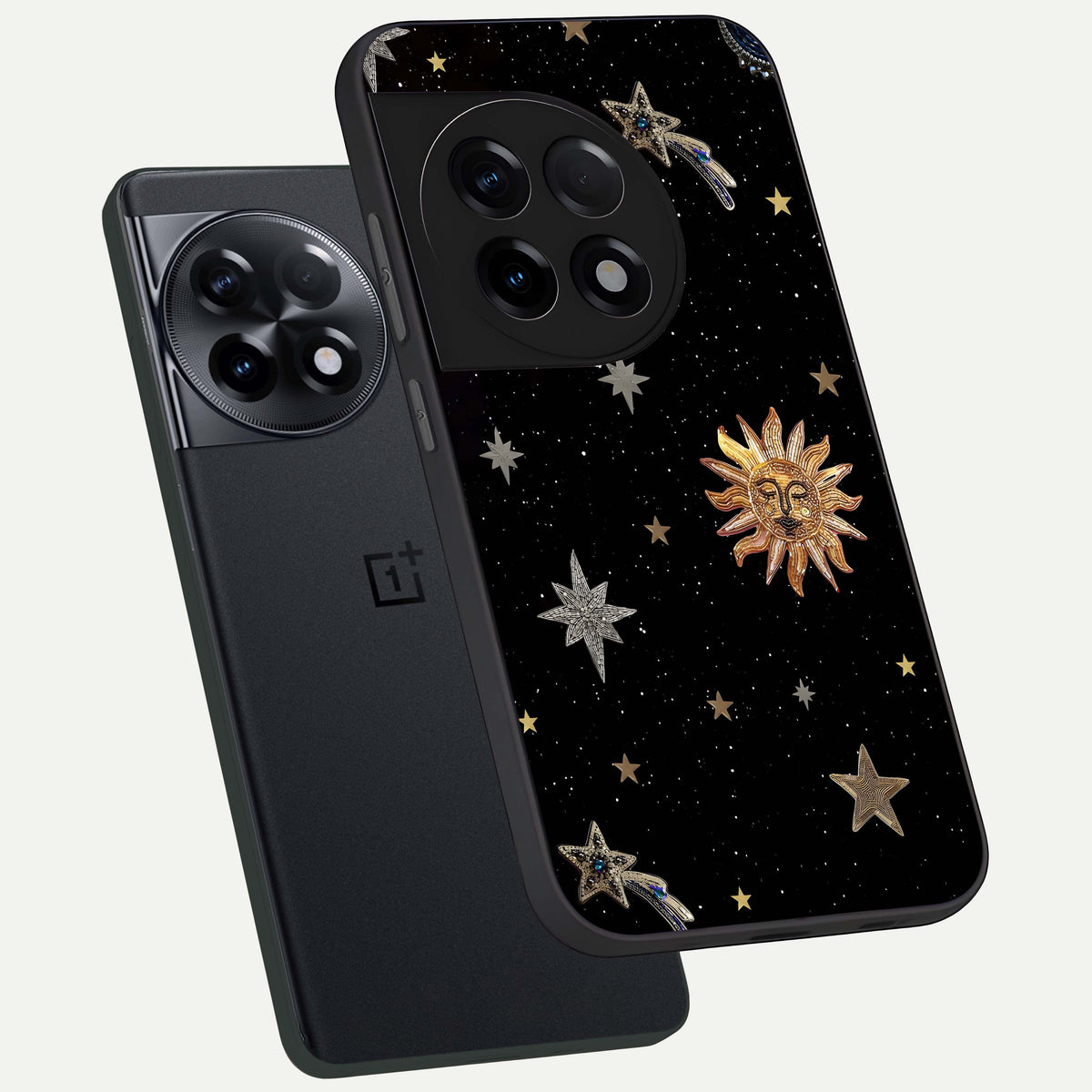  Celestial Moon With Stars phone case For OnePlus 11R showing premium glass back cover with detailed artwork