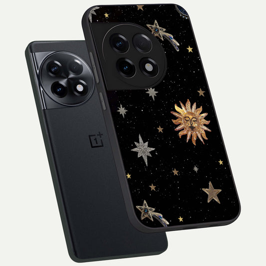  Celestial Moon With Stars phone case For OnePlus 11R showing premium glass back cover with detailed artwork