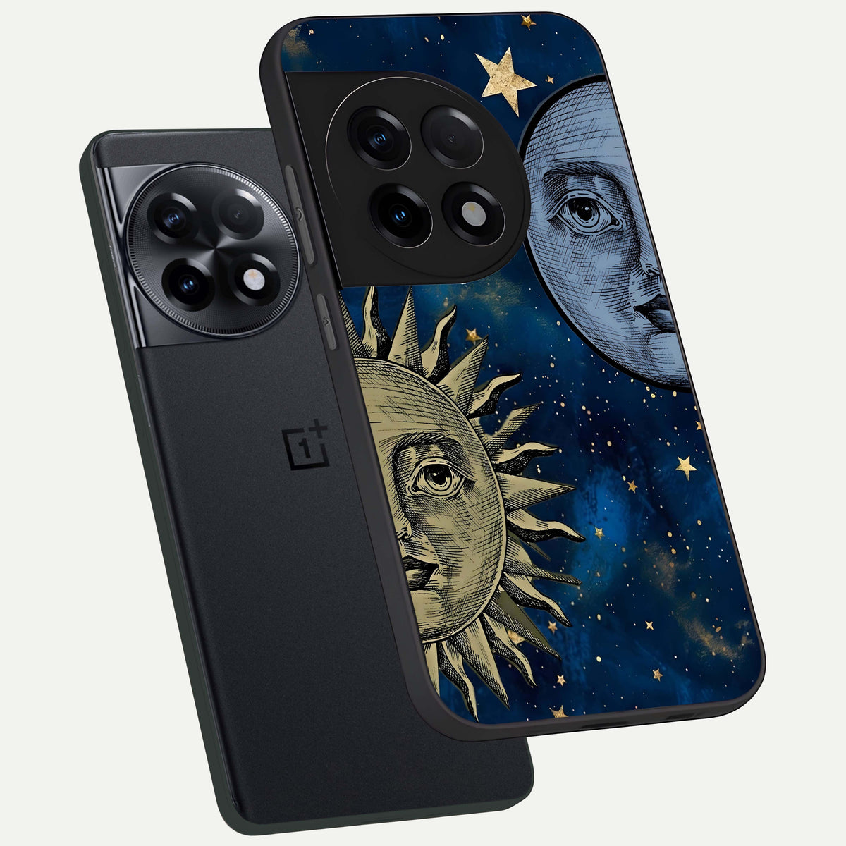  Celestial Moon With Sun phone case For OnePlus 11R showing premium glass back cover with detailed artwork