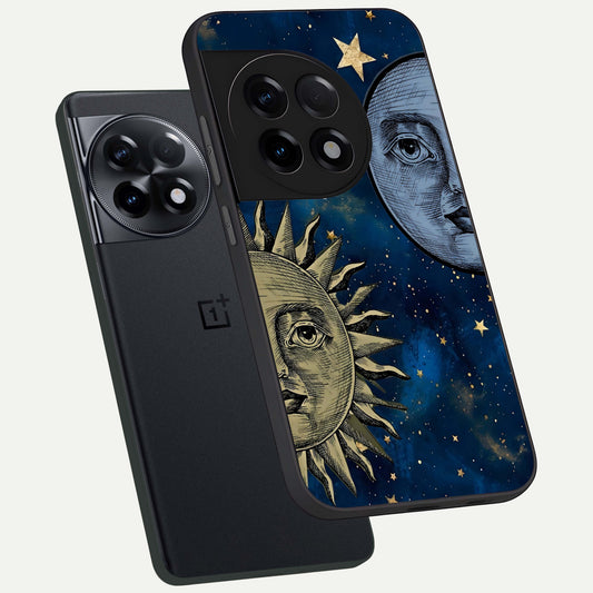 Celestial Moon With Sun phone case For OnePlus 11R showing premium glass back cover with detailed artwork