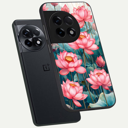  Celestial Pink Lotus phone case For OnePlus 11R showing premium glass back cover with detailed artwork