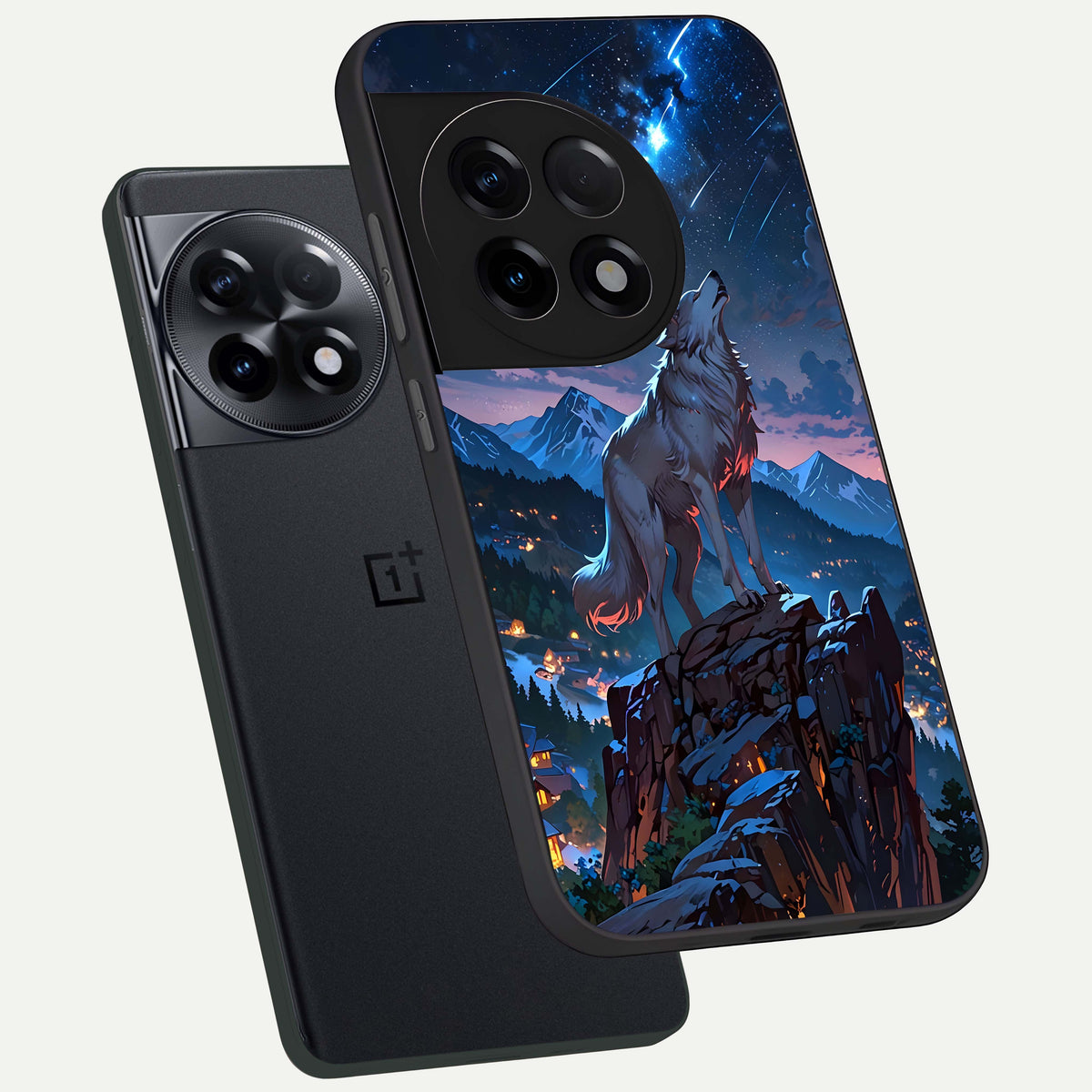  Celestial Wolf Howl phone case For OnePlus 11R showing premium glass back cover with detailed artwork
