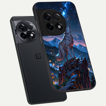  Celestial Wolf Howl phone case For OnePlus 11R showing premium glass back cover with detailed artwork