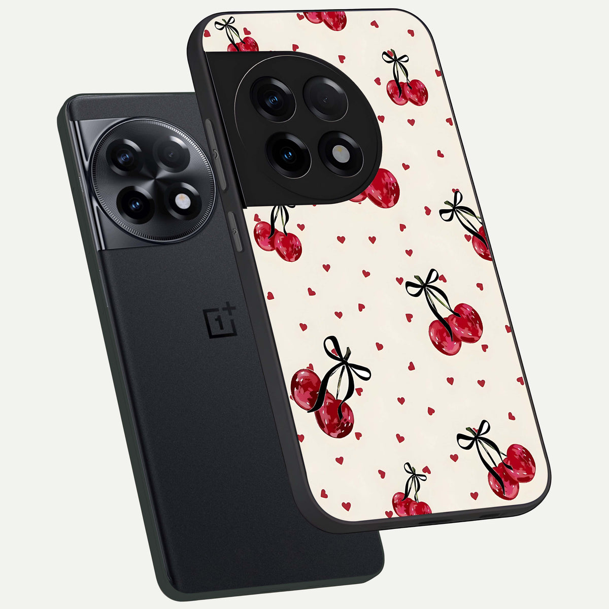  Cherry Heart Bow phone case For OnePlus 11R showing premium glass back cover with detailed artwork