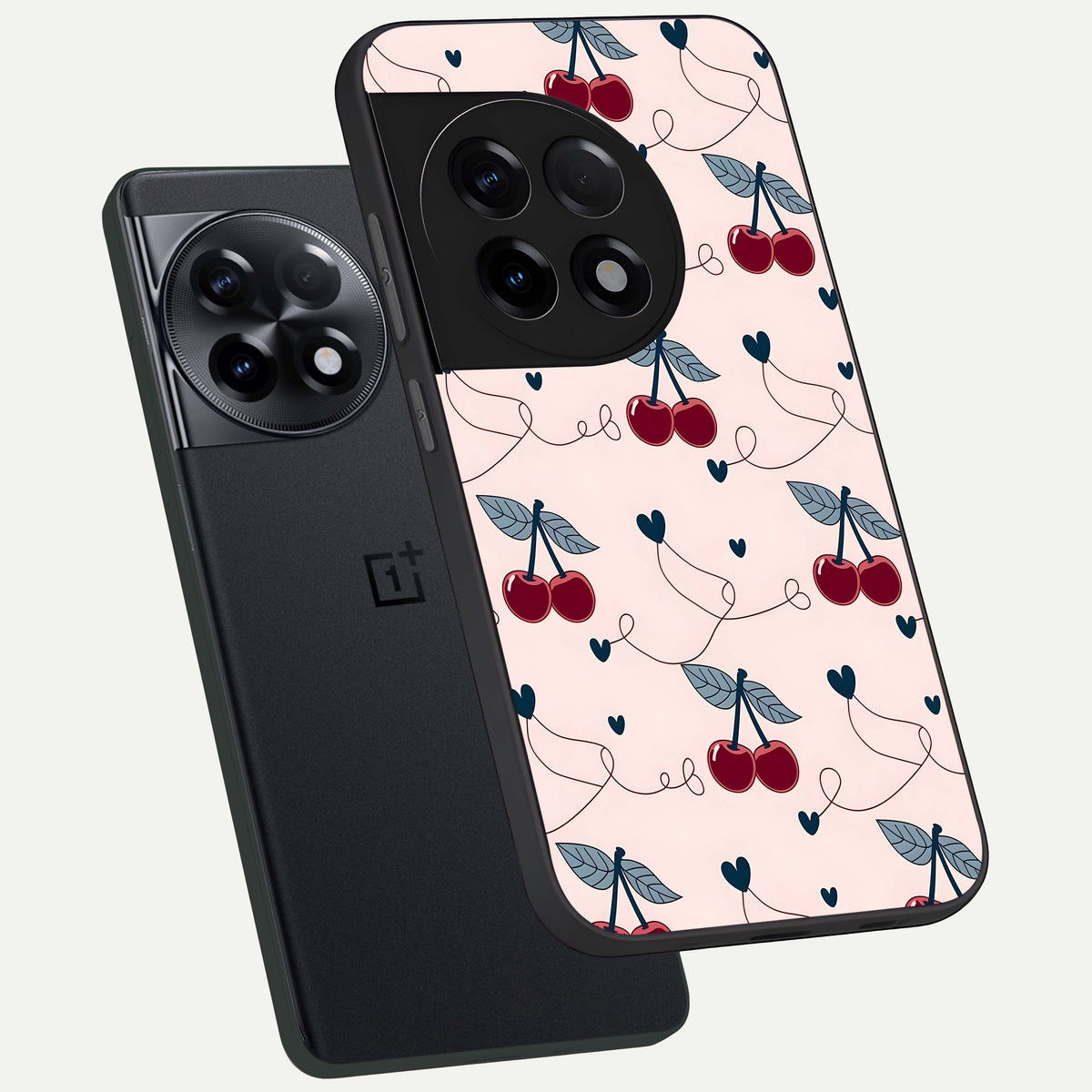  Cherry Heart Line phone case For OnePlus 11R showing premium glass back cover with detailed artwork
