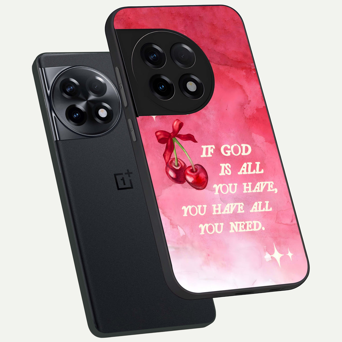  Cherry Quote phone case For OnePlus 11R showing premium glass back cover with detailed artwork
