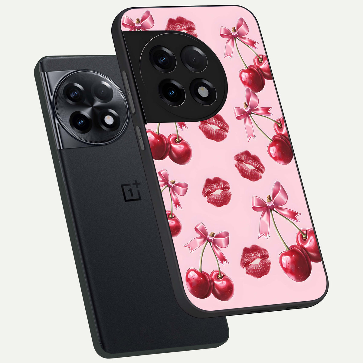  Cherry With Lips phone case For OnePlus 11R showing premium glass back cover with detailed artwork