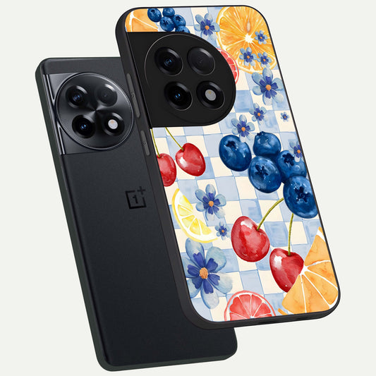 Citrus Bloom Joy phone case For OnePlus 11R showing premium glass back cover with detailed artwork