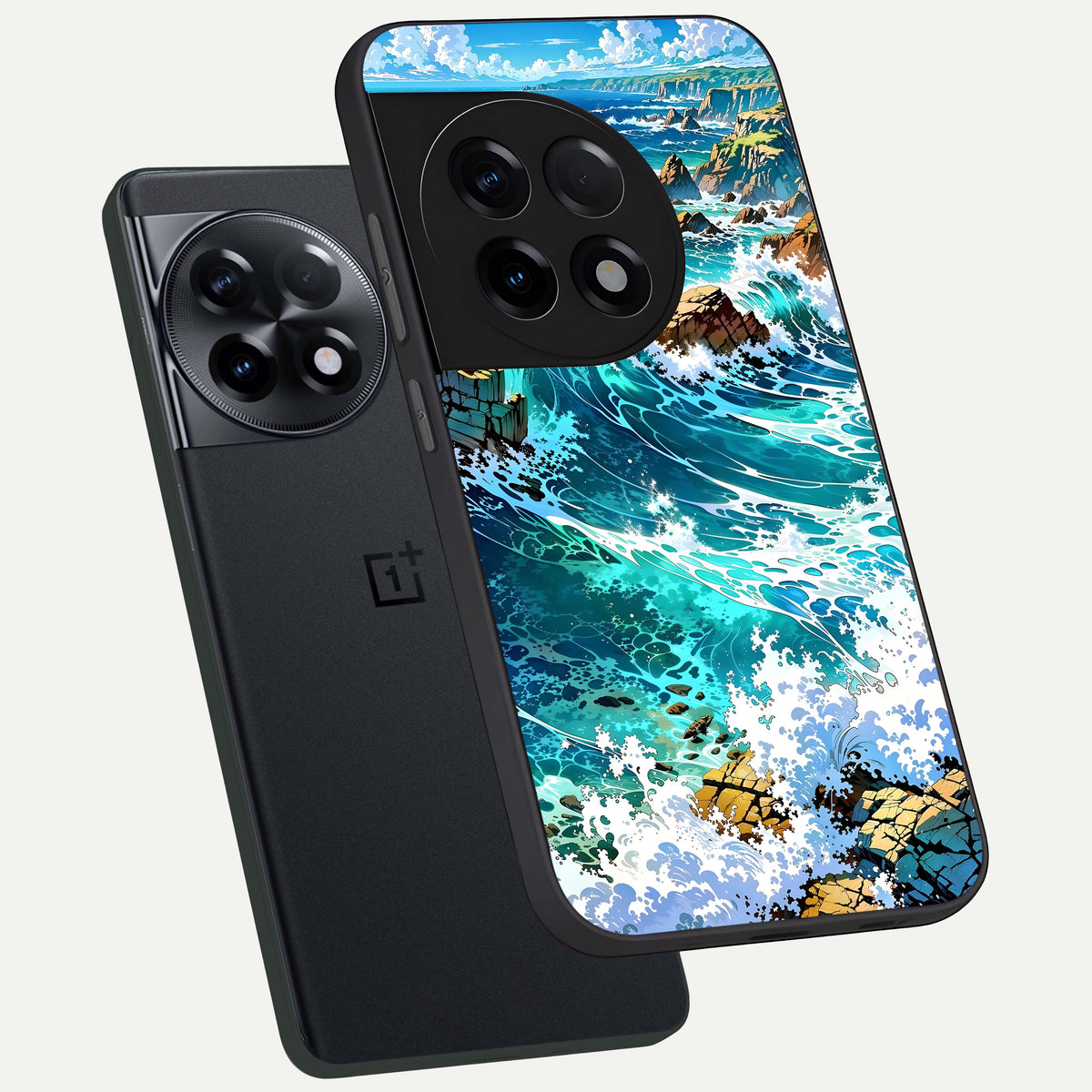  Coastal Blue Waves phone case For OnePlus 11R showing premium glass back cover with detailed artwork