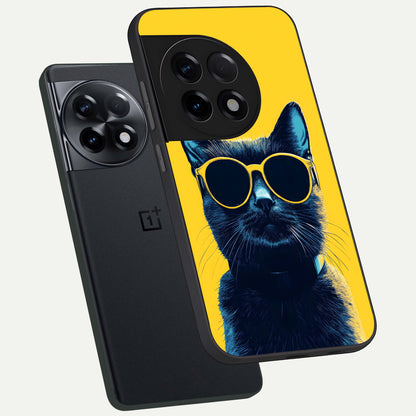 Cool Cat Vibes phone case For OnePlus 11R showing premium glass back cover with detailed artwork