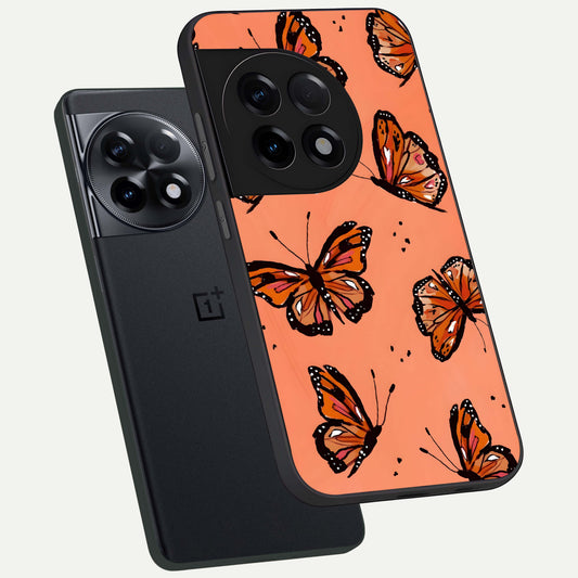  Coral Wing Butterfly phone case For OnePlus 11R showing premium glass back cover with detailed artwork
