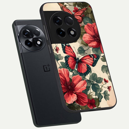  Crimson Butterfly Garden phone case For OnePlus 11R showing premium glass back cover with detailed artwork