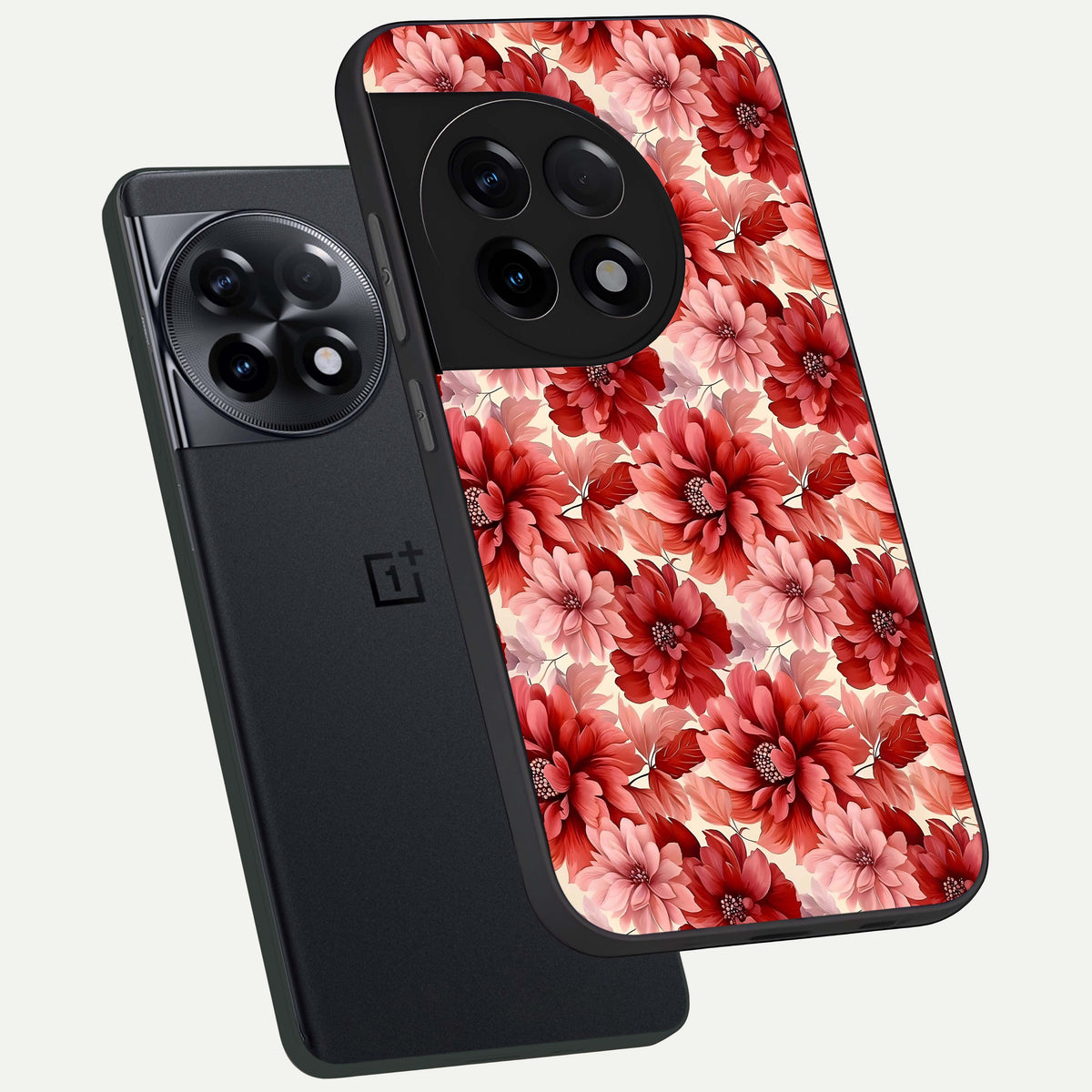  Crimson Love Petals phone case For OnePlus 11R showing premium glass back cover with detailed artwork