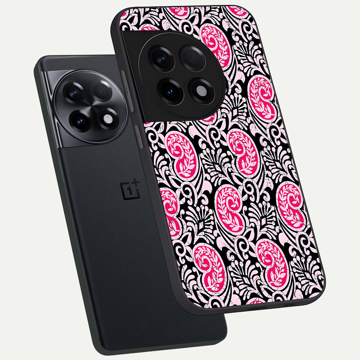  Crimson Paisley Charm phone case For OnePlus 11R showing premium glass back cover with detailed artwork