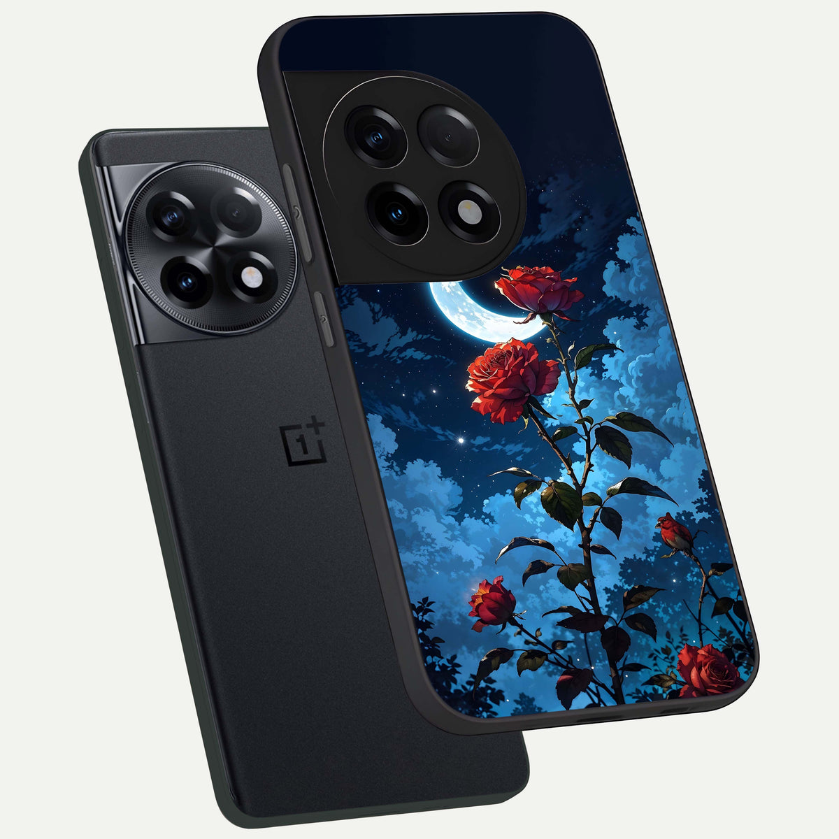  Crimson Rose Moon phone case For OnePlus 11R showing premium glass back cover with detailed artwork
