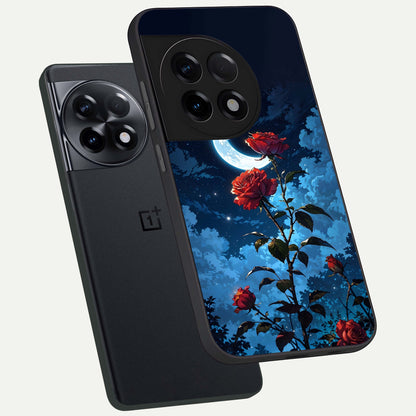  Crimson Rose Moon phone case For OnePlus 11R showing premium glass back cover with detailed artwork