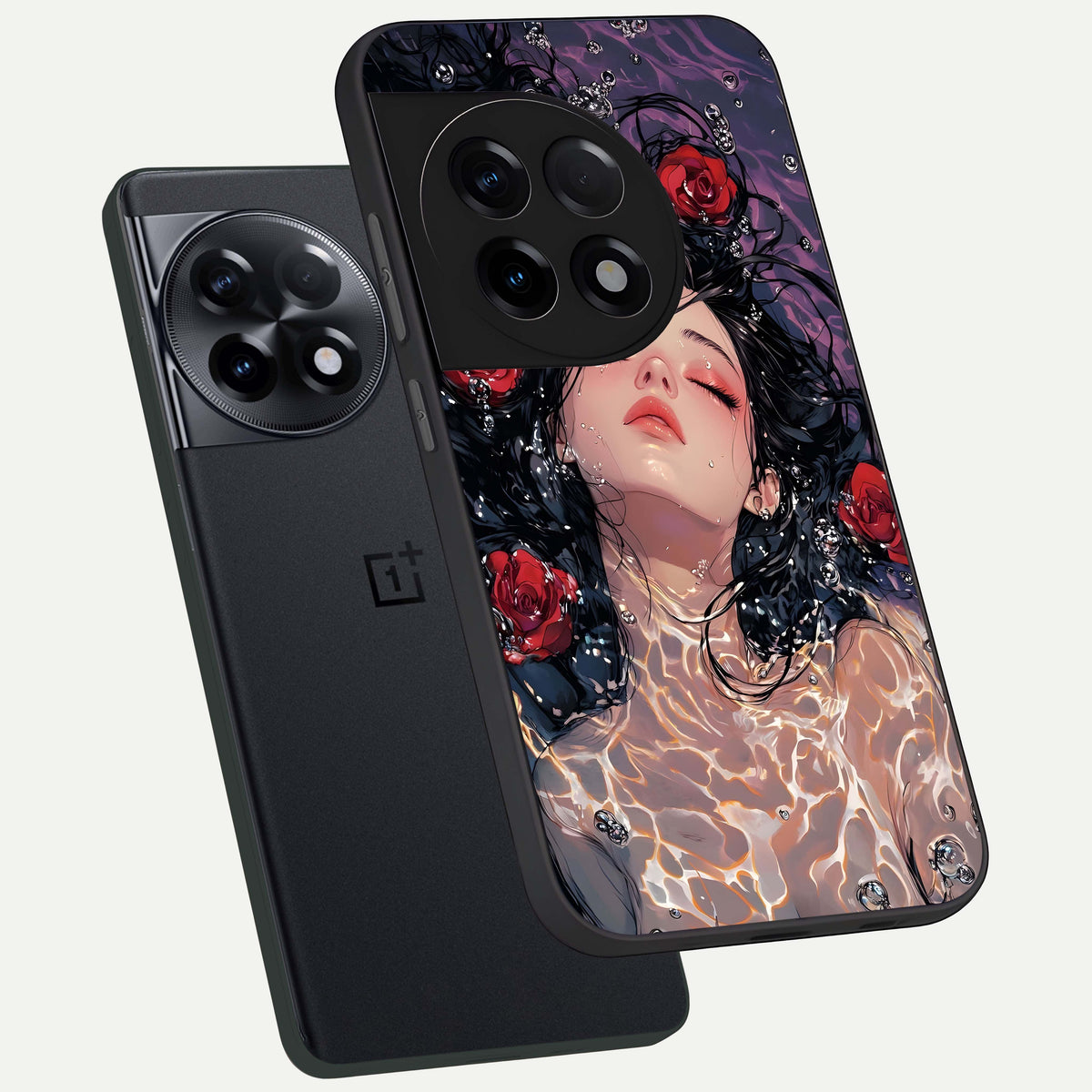  Crimson Rose Serenity phone case For OnePlus 11R showing premium glass back cover with detailed artwork