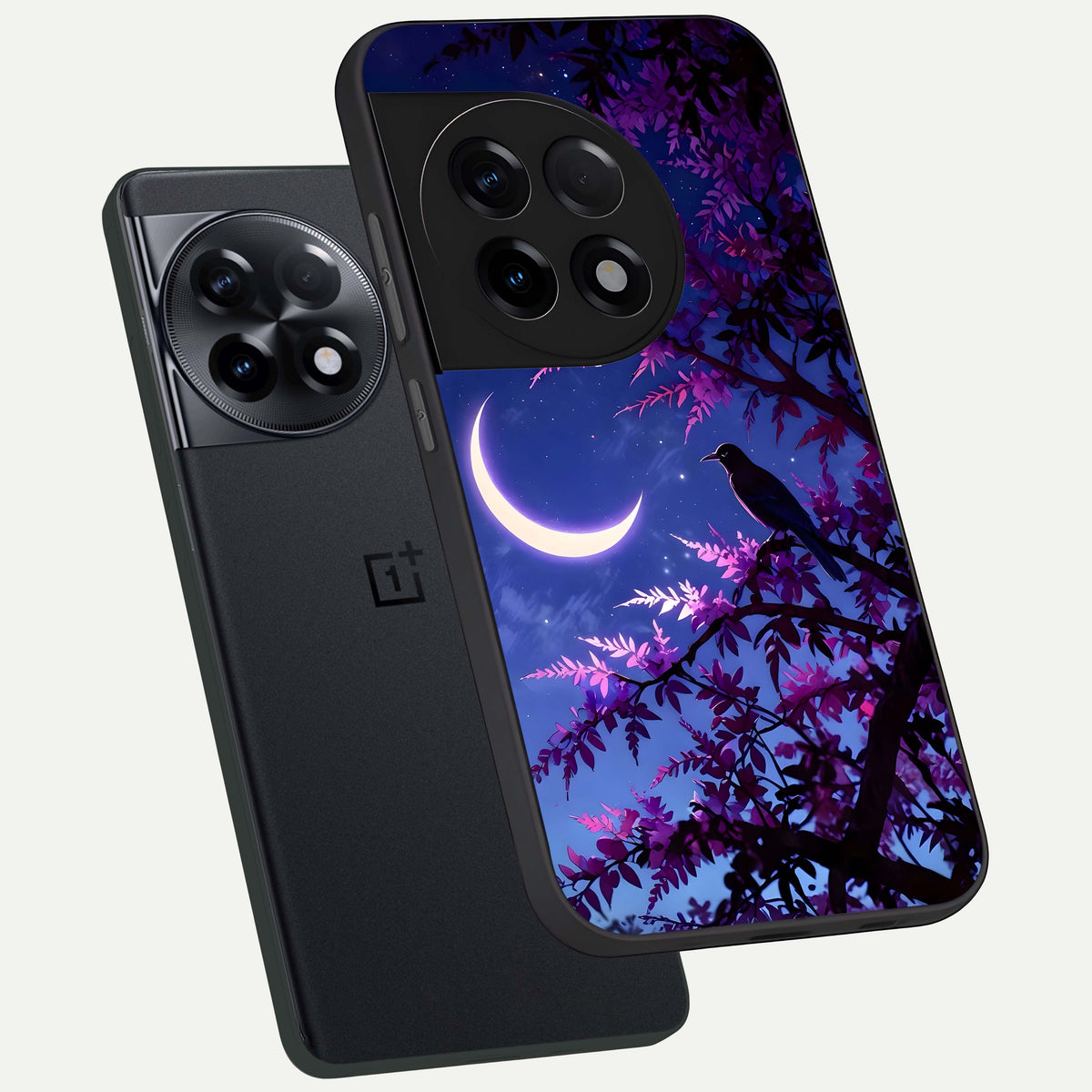  Crow And Moon Scenery phone case For OnePlus 11R showing premium glass back cover with detailed artwork