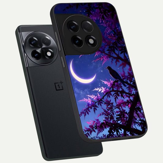  Crow And Moon Scenery phone case For OnePlus 11R showing premium glass back cover with detailed artwork