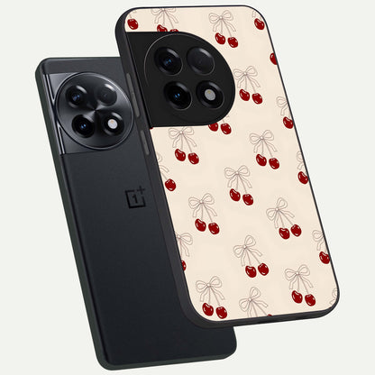  Cute Cherry Pattern phone case For OnePlus 11R showing premium glass back cover with detailed artwork