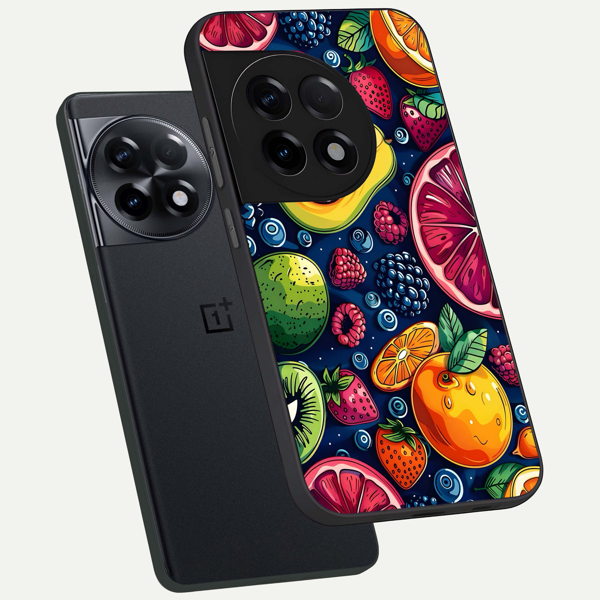  Cute Fruits Art phone case For OnePlus 11R showing premium glass back cover with detailed artwork