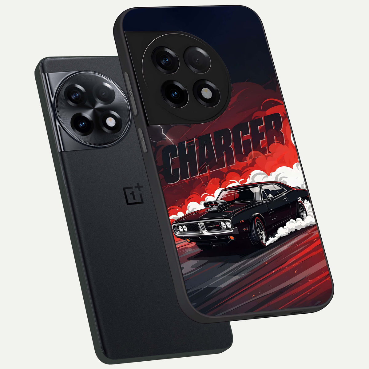 Dark Charger Fury phone case For OnePlus 11R showing premium glass back cover with detailed artwork