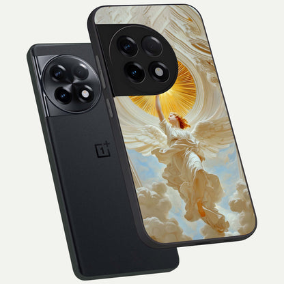  Divine Light Angel phone case For OnePlus 11R showing premium glass back cover with detailed artwork