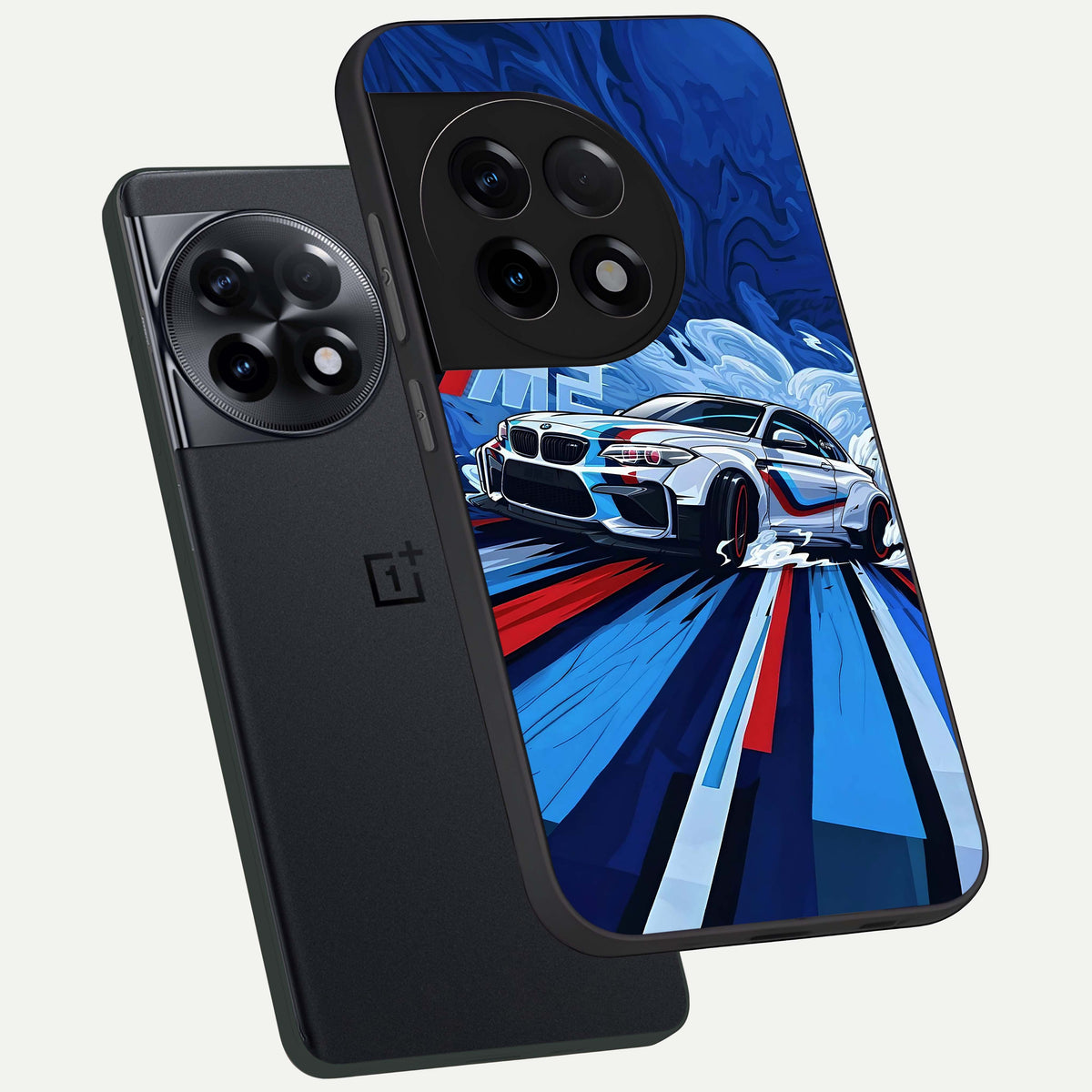  Drift Power Rush phone case For OnePlus 11R showing premium glass back cover with detailed artwork