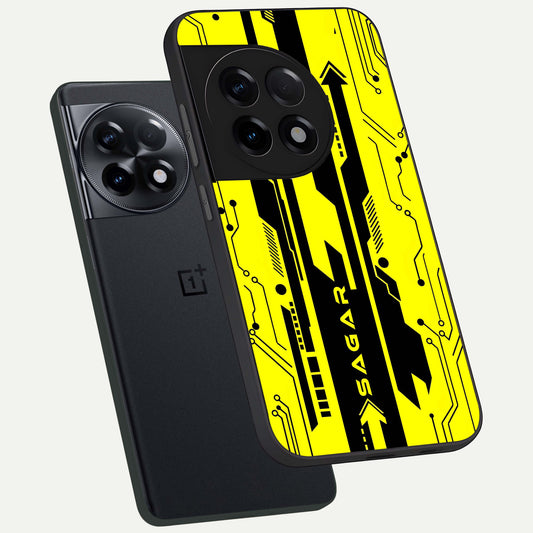  Electric Pulse CYBERPUNK Custom Name phone case For OnePlus 11R showing premium glass back cover with detailed artwork