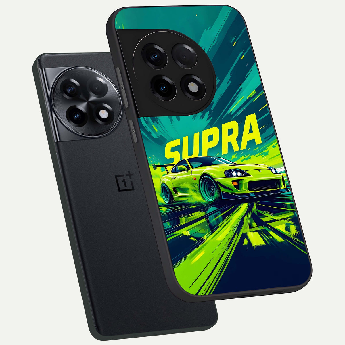  Electric Supra Thunder phone case For OnePlus 11R showing premium glass back cover with detailed artwork