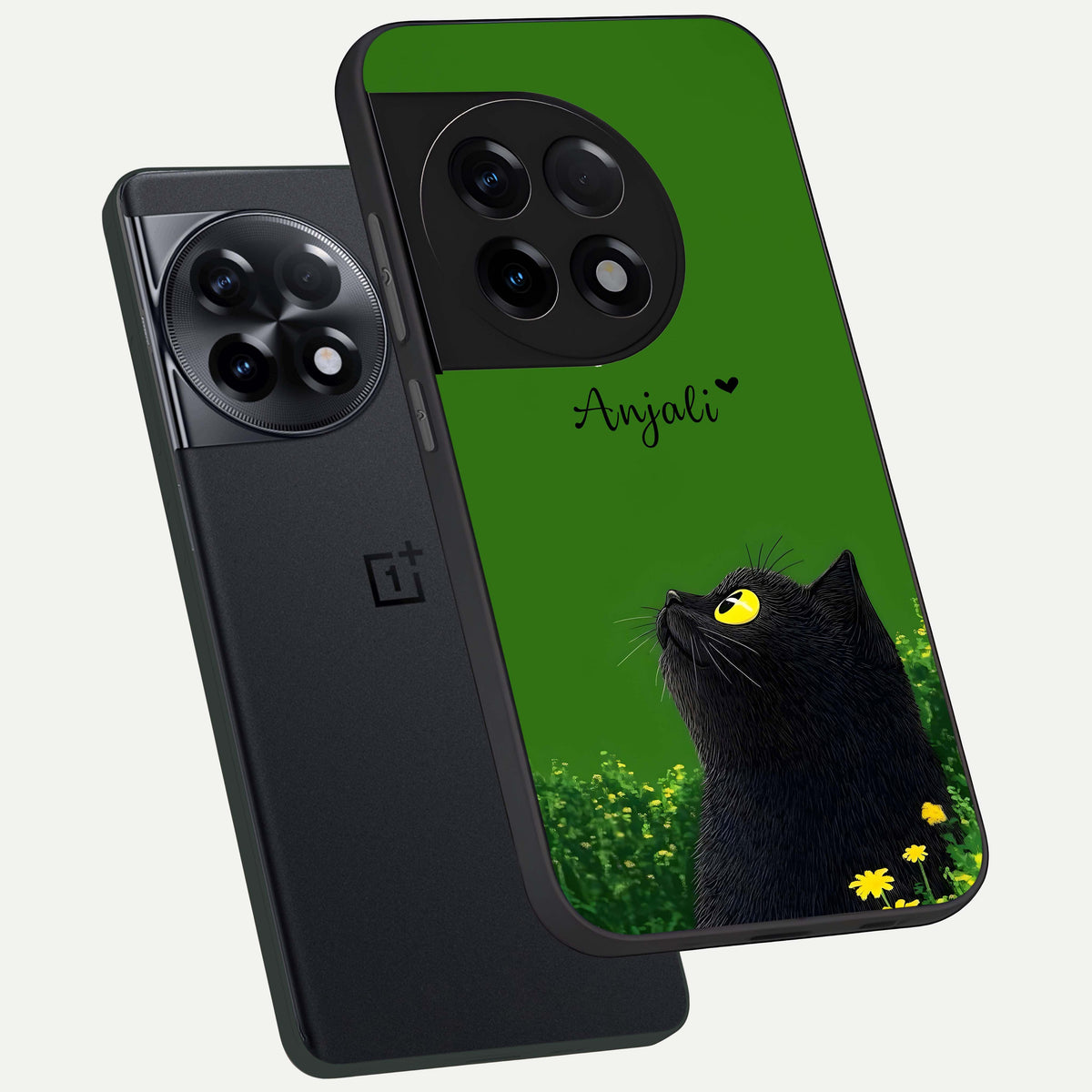  Emerald Cat Custom Name phone case For OnePlus 11R showing premium glass back cover with detailed artwork