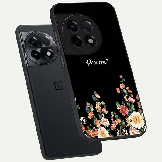  Floral Design Personalized Custom Name phone case For OnePlus 11R showing premium glass back cover with detailed artwork