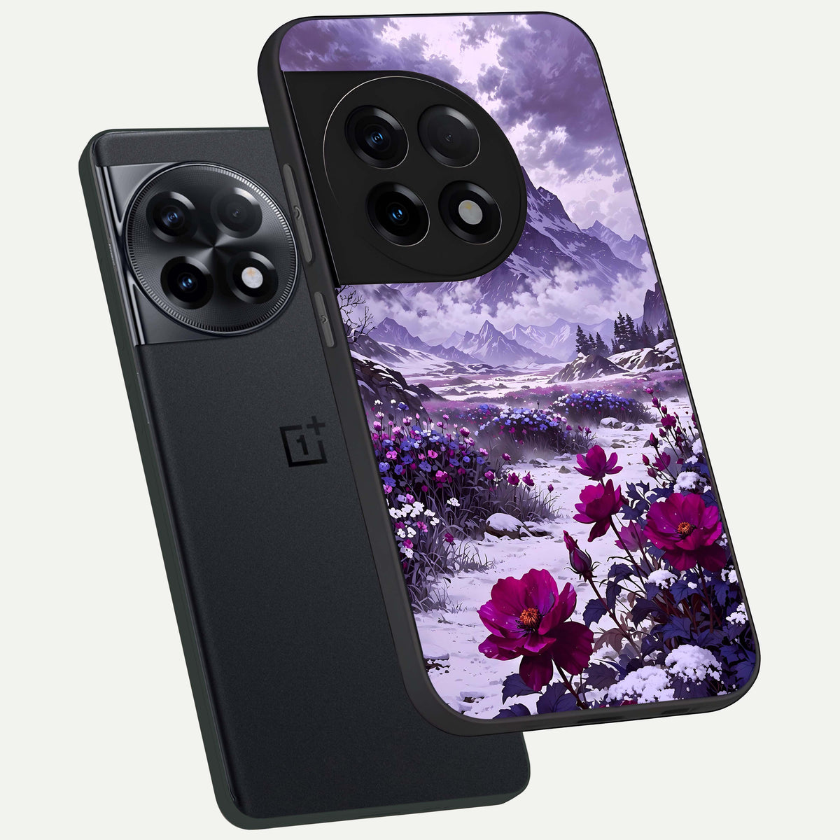  Flower Mountain View phone case For OnePlus 11R showing premium glass back cover with detailed artwork