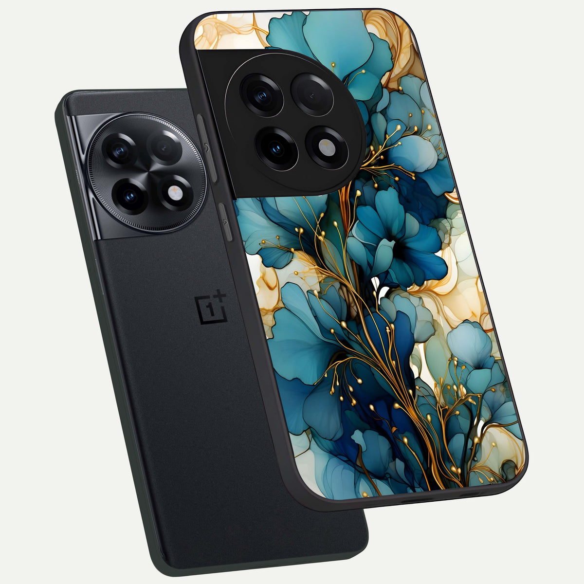  Golden Bloom Symphony phone case For OnePlus 11R showing premium glass back cover with detailed artwork