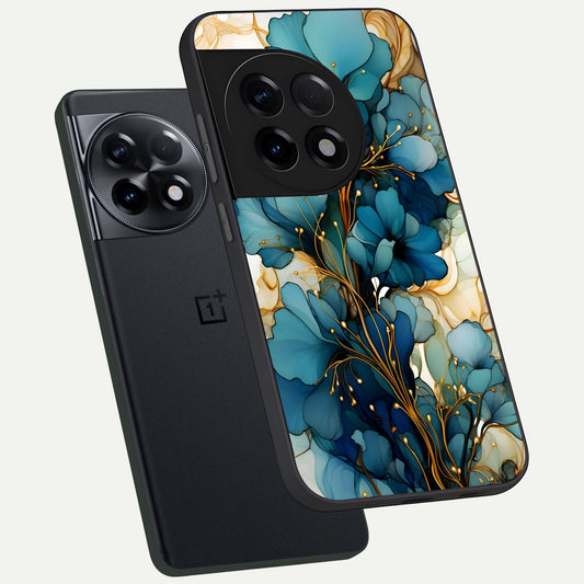 Golden Bloom Symphony phone case For OnePlus 11R showing premium glass back cover with detailed artwork